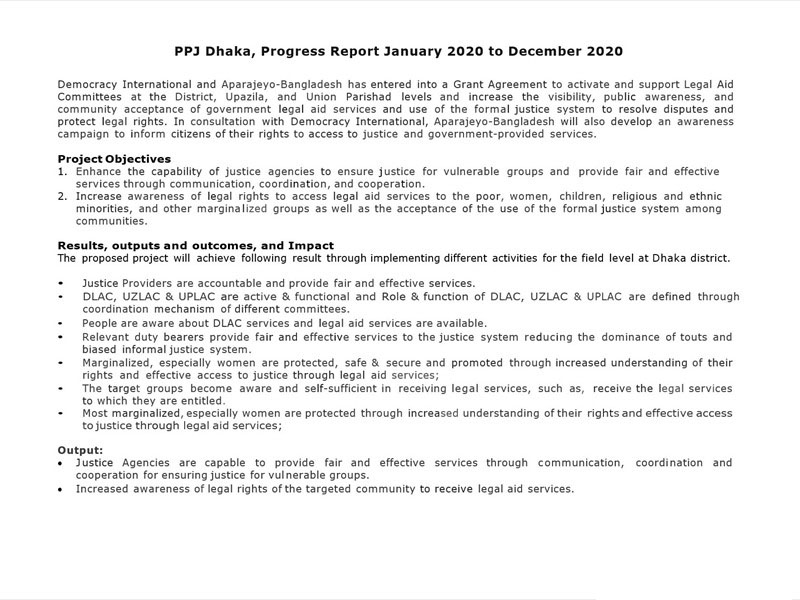 1.PPJ Dhaka, Progress Report January 2020 to December 2020